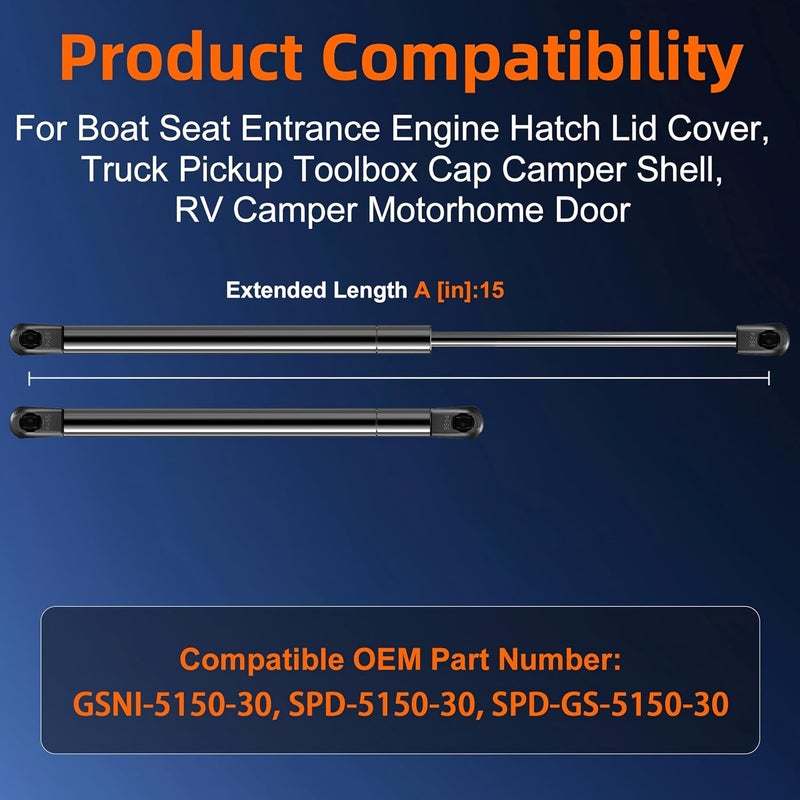 Euplokeer Qty (2) GSNI-5150-30 SL33-30-1 15in Gas Strut Spring for Boat Seat Entrance Engine Hatch Lid, SPD-5150-30 SPD-GS-5150-30 Shock Lift Support for Truck Toolbox Cap Camper Shell RV Camper Door - Image 2
